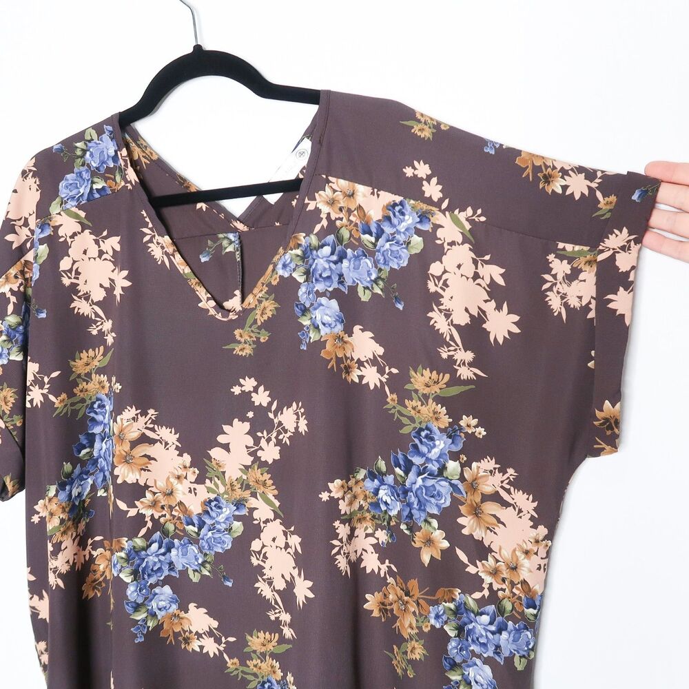 Kiki Larue Womens Blouse Plus Size 3X Brown‎ Pink Blue Floral V-neck Feminine - Picture 6 of 6